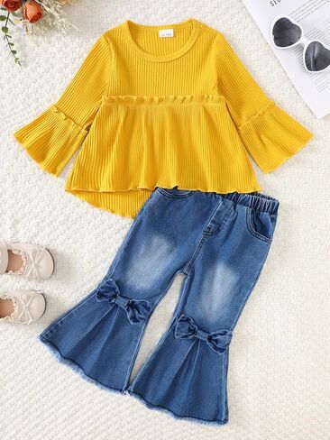 Willow Dance Toddler Baby Girls Outfits Long Sleeve Ruffled Shirt Top Flare Denim Jeans Cute 2Pcs Fall Winter Clothes in Saudi Arabia