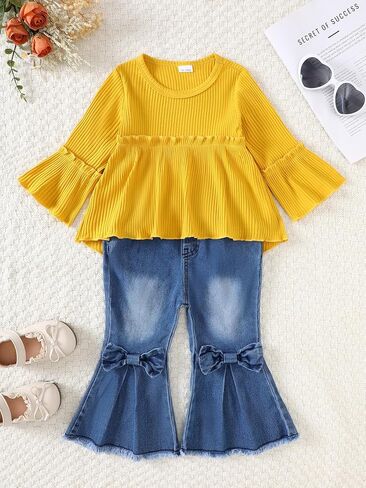 Willow Dance Toddler Baby Girls Outfits Long Sleeve Ruffled Shirt Top Flare Denim Jeans Cute 2Pcs Fall Winter Clothes in Saudi Arabia