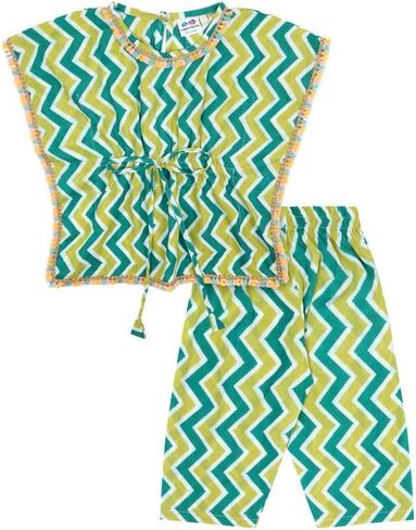 Superminis Baby Girls Cotton Zig Zag Printed Drawstring Waistband Kaftan With Fringe Style Golden Lace and Matching Pants in Saudi Arabia