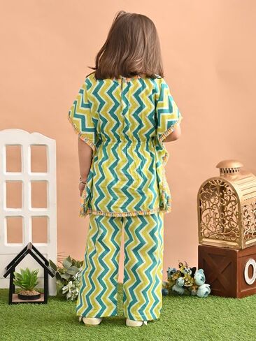 Superminis Baby Girls Cotton Zig Zag Printed Drawstring Waistband Kaftan With Fringe Style Golden Lace and Matching Pants in Saudi Arabia