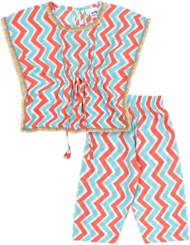Superminis Baby Girls Cotton Zig Zag Printed Drawstring Waistband Kaftan With Fringe Style Golden Lace and Matching Pants in Saudi Arabia