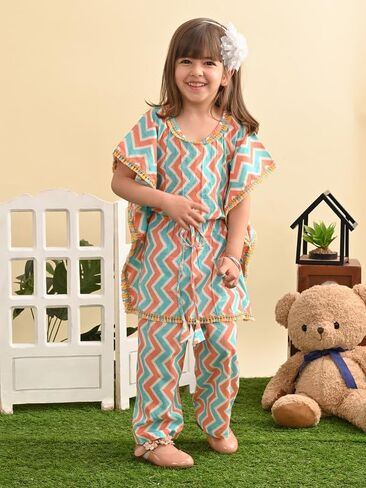 Superminis Baby Girls Cotton Zig Zag Printed Drawstring Waistband Kaftan With Fringe Style Golden Lace and Matching Pants in Saudi Arabia
