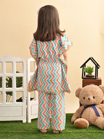 Superminis Baby Girls Cotton Zig Zag Printed Drawstring Waistband Kaftan With Fringe Style Golden Lace and Matching Pants in Saudi Arabia
