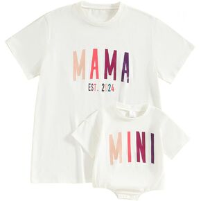 Mama and Mini Shirts Letter Print Short Sleeve Pullover Tops Mommy and Me Matching Outfits Baby Summer Clothes