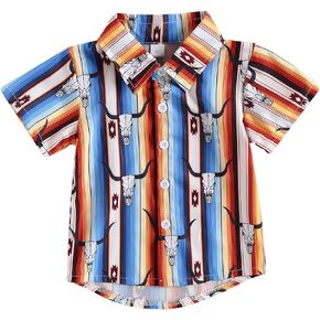 Western Baby Boy Clothes Cow Print Short Sleeve Button Down Shirt Lapel Neck T-Shirt Toddler Cowboy Summer Tops