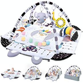 Baby Gym Play Mat, 8-in-1 Tummy Time Mat & Activity Gym, Washable Ball Pit with 18 Balls, Infant Play Mat with Detachable Toys for Sensory Exploration and Motor Skill Development, Gifts for Baby