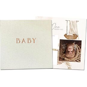 Peachly Unisex Baby Memory Book | Minimalist Baby First Year Keepsake for Milestones | Simple Baby Scrapbook for Boy Girl Milestones | Natural Linen - Haven, 9.6 inches x 10 inches