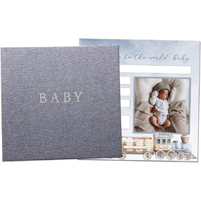 Peachly Baby Boy Memory Book | Planes & Trains Baby First Year Keepsake for Milestones | Baby Books First Year Memory Book | Simple Baby Scrapbook for Boy Milestones | Grey Linen - Finn