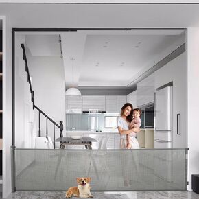 Retractable Baby Gate, 118" Folding Security Gates for Kids, Expandable Dog Gate, Extra Wide Mesh Barrier Door for Stair, Kitchens, Hallways, Kitchens, Indoor, Outdoor, Bedrooms, Grey
