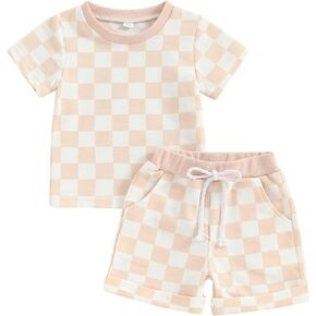 Toddler Baby Girl Clothes Summer Outfit Plaid Patchwork Short Sleeve T Shirt Tops and Stretch Casual Shorts Set