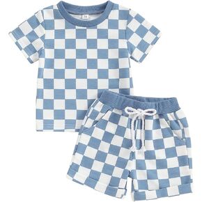 Sejardin Toddler Baby Girl Clothes Summer Outfit Plaid Patchwork Short Sleeve T Shirt Tops and Stretch Casual Shorts Set in Kuwait