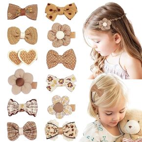 12pcs Girl's Hair Clips Brown Bow Fabric Snap Hair Clips Brown Flower Hair clips Bow Hair Accessories for Little Girl Teens Toddler Kids
