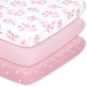 The Peanutshell Pack n Play Sheets for Baby Girl, Fitted Mini Crib Sheets, Playard Sheets, Playpen, Portable Crib Bedding, Pink Floral (3 Pack - Floral & Solid Pink)