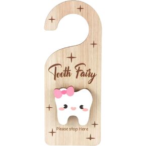 Tooth Door Hanger, Wooden 3D Lost Tooth Keepsake Box with Money Holder Tooth Holder Hanging for Kids Tooth Fairy Accessories Encourage Gift for Room Decor (Girls Style)