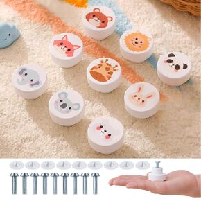 Wooden Drawer Knobs 9 Pack with Screws & Nail Free Stickers, Versatile Round Furniture Pull Handle for Kids Room, Animals Wooden Handles for Cabinets for Toddler Room (Animals)