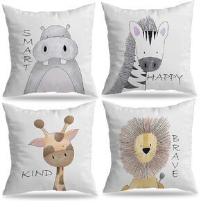 Inspirational Quote Cute Lion Giraffe Zebra Hippo Pillow Case,18x18 inch Animals Pillowcase Set of 4,Gifts for Kids Girl Boy,Decorate Home Kids Room Bedroom Living Room Nursery Classroom