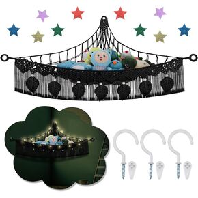 Stuffed Animal Storage Hammock, 56 inch Large Hanging Net Organizer for Teddy Plush Nursery Decor, Boho Leaf Tassel Corner Wall Hanging Toy Holder, Light Pink Toy Net w/ LED Star Light for Baby Girls