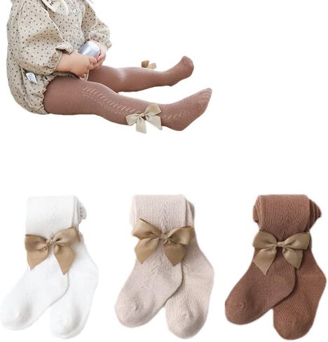 Baby Girl Tights 3 Pack Cable Knit Mesh Lace Leggings Stockings Bowknot Cotton Pantyhose for Toddlers(3 Pack-Bows,12M) in Saudi Arabia