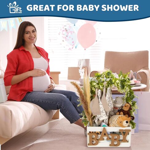 Wooden Baby Shower Crate Closet, Baby Storage Crate Hamper with Handle | Basket for Baby Shower Gifts, Welcome Gift Basket for Newborn Boys Girls, Pregnancy Gifts for New Parents in Saudi Arabia
