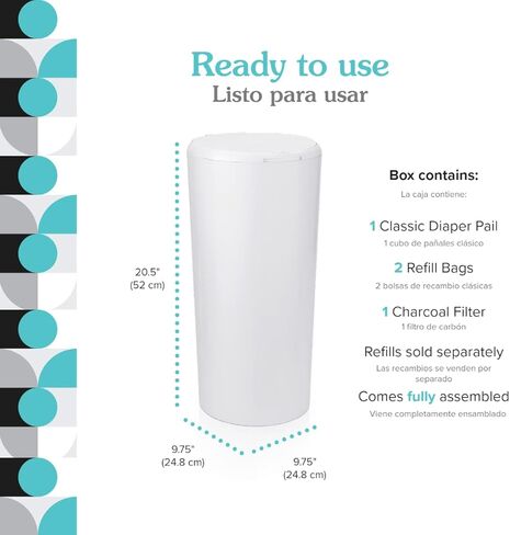 دلو الحفاضات الكلاسيكي - أسود، يحجب الروائح بدون رائحة إضافية، يحمل 20% حفاضات أكثر ويولد نفايات أقل، بدون قطع، بدون علب، يتضمن 1 سطل + 2 كيس إعادة تعبئة + 1 فلتر فحم in Kuwait