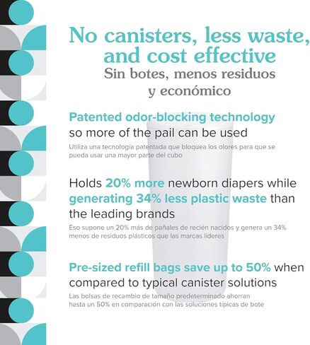 دلو الحفاضات الكلاسيكي - أسود، يحجب الروائح بدون رائحة إضافية، يحمل 20% حفاضات أكثر ويولد نفايات أقل، بدون قطع، بدون علب، يتضمن 1 سطل + 2 كيس إعادة تعبئة + 1 فلتر فحم in Kuwait