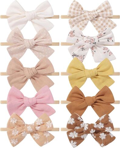 doboi 10PCS Baby Girls Headbands Hair Bows | Nylon Linen Hairbands Handmade Hair Accessories for Newborn Infant Toddlers Little Girl and Kids in Saudi Arabia