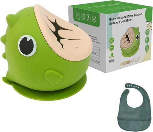 Dino Silicone Baby Snack Containers with Suction for Toddlers,Soft Safe BPA-Free Ppill Proof Snack Cups with Free Silicone Bibs,Green. in Saudi Arabia