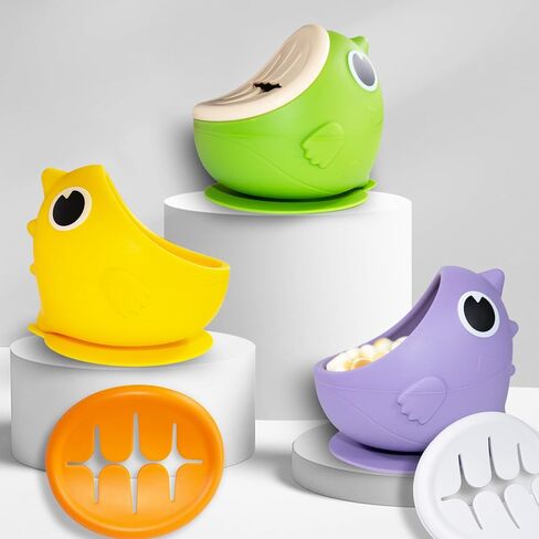 حاويات وجبات خفيفة للأطفال من السيليكون من دينو مع شفط للأطفال الصغار، أكواب وجبات خفيفة ناعمة وآمنة وخالية من مادة BPA مع مرايل سيليكون مجانية، باللون الأخضر. in Kuwait