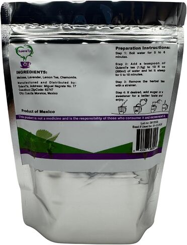 Toronjil Toronjil Tea Melissa Lavander Lemon Tea Chamomile، Quiere Te، 5.3 أونصة (150 جرام)، ما يصل إلى 100 كوب، عبوة واحدة، كيس قابل للإغلاق، شاي أوراق فضفاضة، منتج من المكسيك، طبيعي 100% in Saudi Arabia