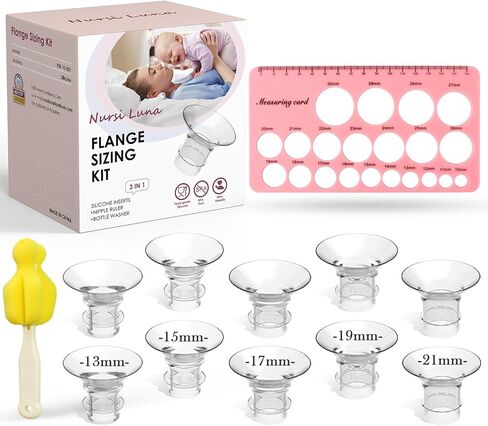 3 in 1 Flange Sizing Kit Ultimate with 10PCS Flange Inserts 13/15/17/19/21mm&Flange Ruler&Cleaning Brush, Flange Insert Kit for 24mm Flange/Shield of Most Pumps, Compatible with Momcozy/Spectra/Medela in Saudi Arabia