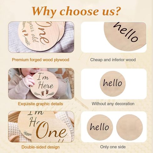 Baby Birth Announcement Sign,Wooden Stand Drawstring Bag with Hello World &Foot Print, Newborn Announcement Sign, Round Baby Nursery Name Signs in Saudi Arabia