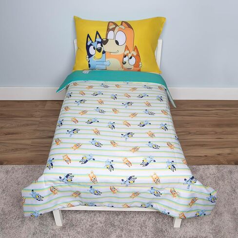 Bluey 4 Piece Toddler Bedding Set – Includes Comforter, Sheet Set – Fitted + Top Sheet + Reversible Pillowcase for Boys or Girls Bed, Blue in Saudi Arabia