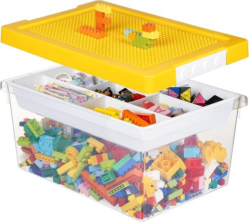 Loobuu Art Craft Storage Organizer Bins with Removable Tray - 1 Set Stackable Plastic Box, Toy Chest with Compatible Building Baseplate & Lid, Container for Bricks & Toys - Green (14.37"x9.64"x6.69") in Saudi Arabia