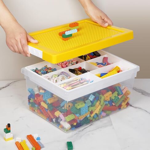 Loobuu Art Craft Storage Organizer Bins with Removable Tray - 1 Set Stackable Plastic Box, Toy Chest with Compatible Building Baseplate & Lid, Container for Bricks & Toys - Green (14.37"x9.64"x6.69") in Saudi Arabia