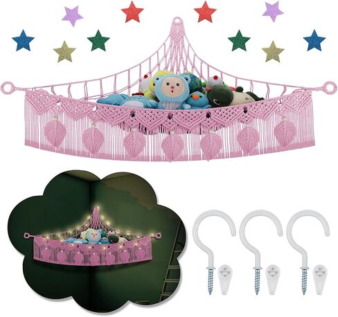 Stuffed Animal Storage Hammock Corner, 56'' Large Macrame Plushie Net,Black | Boho 5mm Cotton Leaf Stuffed Animal Net for Teddy Bear,Stuff Animal Holder Toy Hammock w/Star Lights,Room Nursery Decor Gift in Saudi Arabia