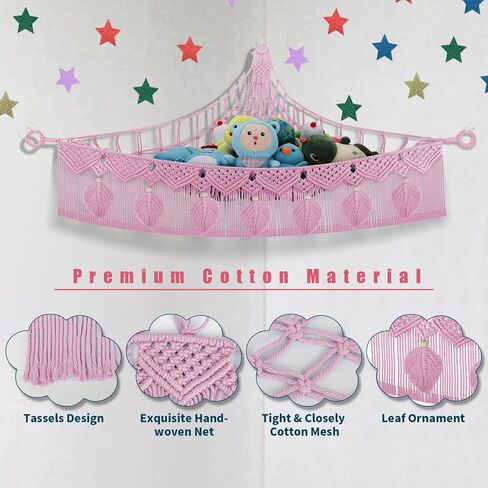 Stuffed Animal Storage Hammock Corner, 56'' Large Macrame Plushie Net,Black | Boho 5mm Cotton Leaf Stuffed Animal Net for Teddy Bear,Stuff Animal Holder Toy Hammock w/Star Lights,Room Nursery Decor Gift in Saudi Arabia