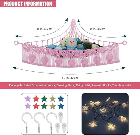 Stuffed Animal Storage Hammock Corner, 56'' Large Macrame Plushie Net,Black | Boho 5mm Cotton Leaf Stuffed Animal Net for Teddy Bear,Stuff Animal Holder Toy Hammock w/Star Lights,Room Nursery Decor Gift in Saudi Arabia