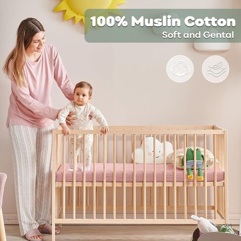 ملاءات سرير الأطفال من Yoofoss Muslin للأولاد والبنات مصنوعة من القطن بنسبة 100% مكونة من قطعتين ناعمة ومسامية لمرتبة سرير الأطفال القياسية ومرتبة الأطفال الصغار مقاس 52 بوصة × 28 بوصة مشمش ووردي in Saudi Arabia