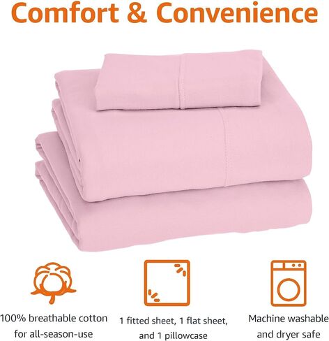 طقم ملاءات للأطفال الصغار من Amazon Basics مصنوع من قطن الجيرسي بنسبة 100% مكون من 3 قطع، مقاس 28 × 52 بوصة، وردي، سادة in Kuwait