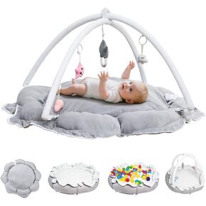 5-in-1 Baby Play Gym and Tummy Time Mat - Thick & Plush Baby Play Mat with 6 Sensory Toys, Convertible Activity Center for Newborn to Toddler, Ball Pit (No Balls Included) & Pet Cushion - Grey in Kuwait