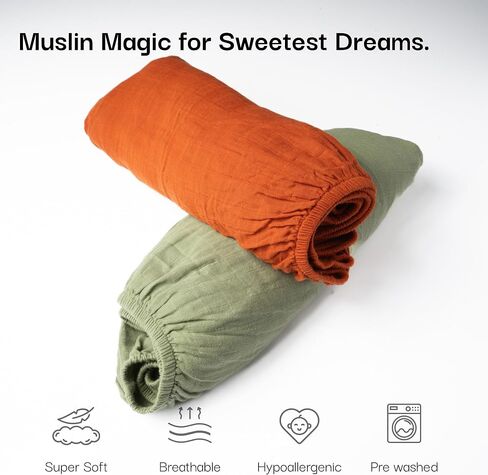 100% Organic Cotton Muslin Standard Fitted Crib Sheet for Boys, Girls & Toddlers – 52"x28", 2 Pack Soft Breathable Natural Cotton Mattress Bed Sheets, Neutral Crib Sheet (Green & Rust) in Saudi Arabia