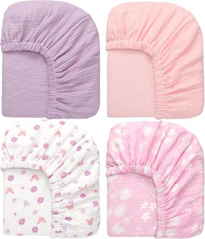 4 Pack Muslin Crib Sheets Neutral Soft and Breathable Cotton Baby Sheets for Girl Boy 52''x28'' Standard Fitted Crib Mattress(Boho Rainbow & Sun) in Saudi Arabia