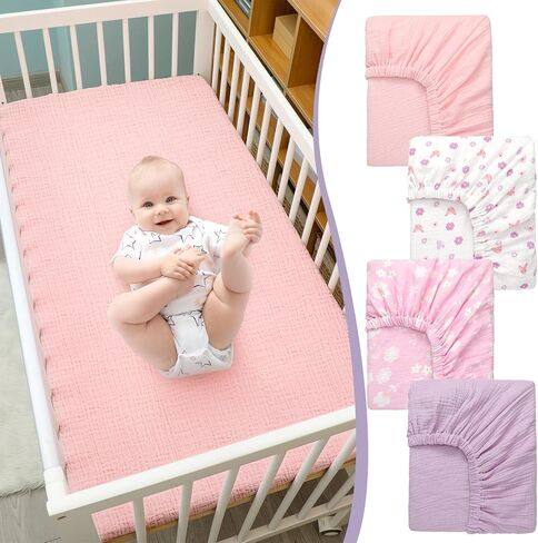 4 Pack Muslin Crib Sheets Neutral Soft and Breathable Cotton Baby Sheets for Girl Boy 52''x28'' Standard Fitted Crib Mattress(Boho Rainbow & Sun) in Saudi Arabia