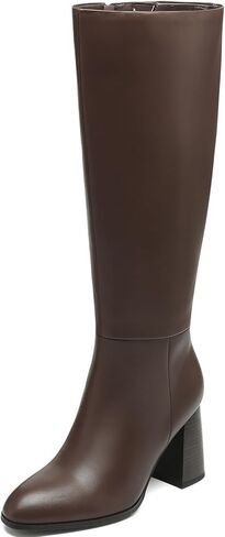 Women’s Knee High Boots Round Toe Chunky Heel Faux Leather Tall Riding Boots with Side Zipper in Kuwait