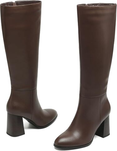 Women’s Knee High Boots Round Toe Chunky Heel Faux Leather Tall Riding Boots with Side Zipper in Kuwait