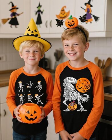 Halloween Shirts for Kids Long Sleeve Dancing Skeleton Graphic Tees Raglan Sleeve Trucks T-Shirt 2-7 Years in Saudi Arabia