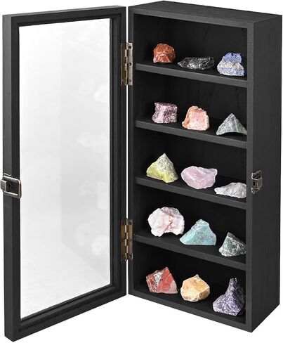 Ikee Design Wooden Collection Display Case with Hinged and Clear Glass Top, Wall Mounted 10 Slots Wood Display Storage Box for Mini Figures,Collections,Essential Oils, Oak Color in Saudi Arabia