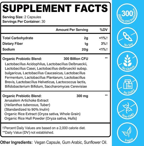 300 Billion CFUs Probiotic, Probiotics for Women Men - 12 Probiotics Strains + 3 Organic Prebiotics, Probiotics for Digestive Health & Immune, Gut Health Bloating, Shelf Stable Probiotic - 60 Capsules in Saudi Arabia