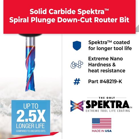 Amana Tool 48219-K SC Spektra Extreme Tool Life Life Plunge 8mm DIA X 1 CH X 8MM SHK 2-1/2 inch طول جهاز التوجيه لأسفل طوله لثغرات دبوس الحفر in Saudi Arabia