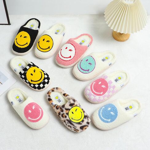 Womens Mens Smile Face Slippers Soft Plush House Slippers Retro Happy Slip-On Slides Winter Warm Comfy Memory Foam Fluffy Indoor Outdoor Shoes in Saudi Arabia